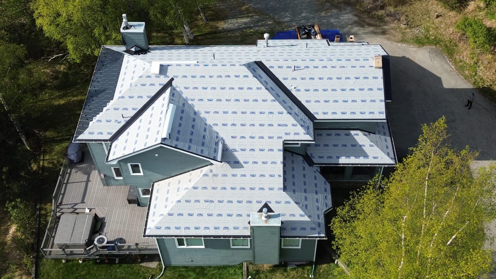 Interlock Aluminum Slate Metal Roofing – Black | Anchorage, AK (Drone top down)