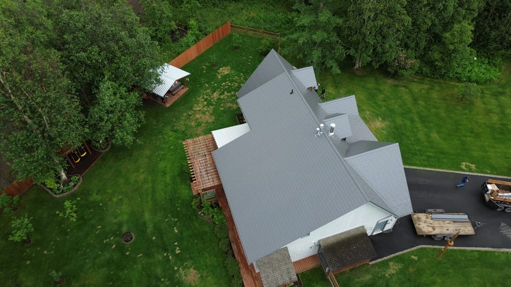 Interlock Aluminum Slate Metal Roofing – Musket Grey | Palmer, AK (Aerial)