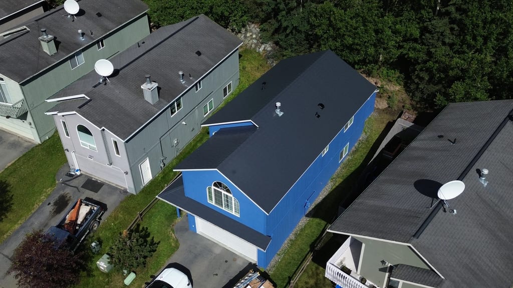 Interlock Aluminum Slate Metal Roofing – Deep Charcoal | Eagle River, AK (Aerial front)