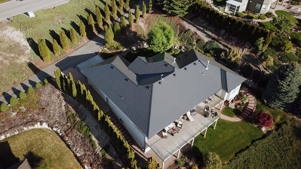 Interlock Aluminum Slate Metal Roofing – Deep Charcoal | West Kelowna, BC (Aerial rear)
