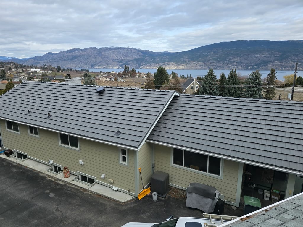 Musket Grey Interlock Shake aluminum roof on the home, Summerland, British Columbia