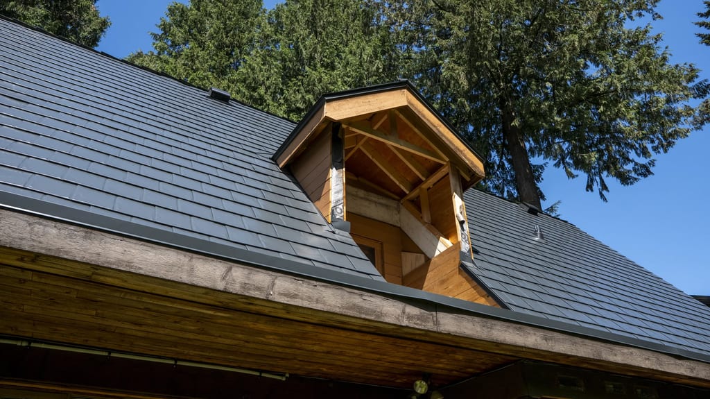 Deep Charcoal Interlock Slate aluminum roof on a house with a metal roof in Burnaby, BC, with a tree in, Burnaby, British Columbia