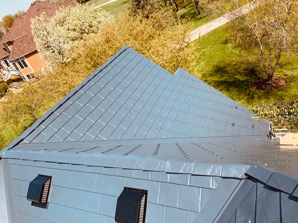 Deep Charcoal Interlock Slate aluminum roof on a home with a deep charcoal Interlock Slate metal roof in, Crystal Lake, Illinois