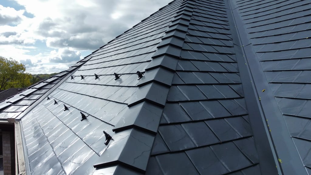 Black Interlock Slate aluminum roof on a black house with an Interlock Slate aluminum roof in a, Lemont, Illinois