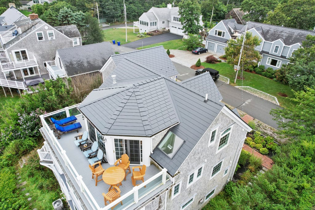 Interlock Aluminum Slate Metal Roofing – Deep Charcoal | Sagamore Beach, MA (Rear-right elevation)