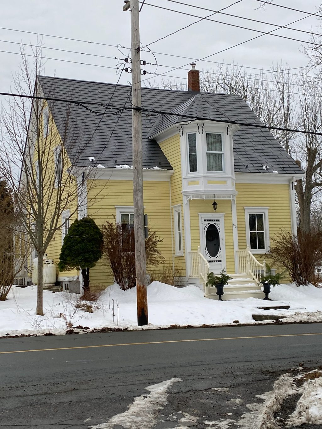 Charcoal Grey Interlock Slate aluminum roof on a yellow heritage home with a metal roof in Lunenburg, Nova, Lunenburg, Nova Scotia