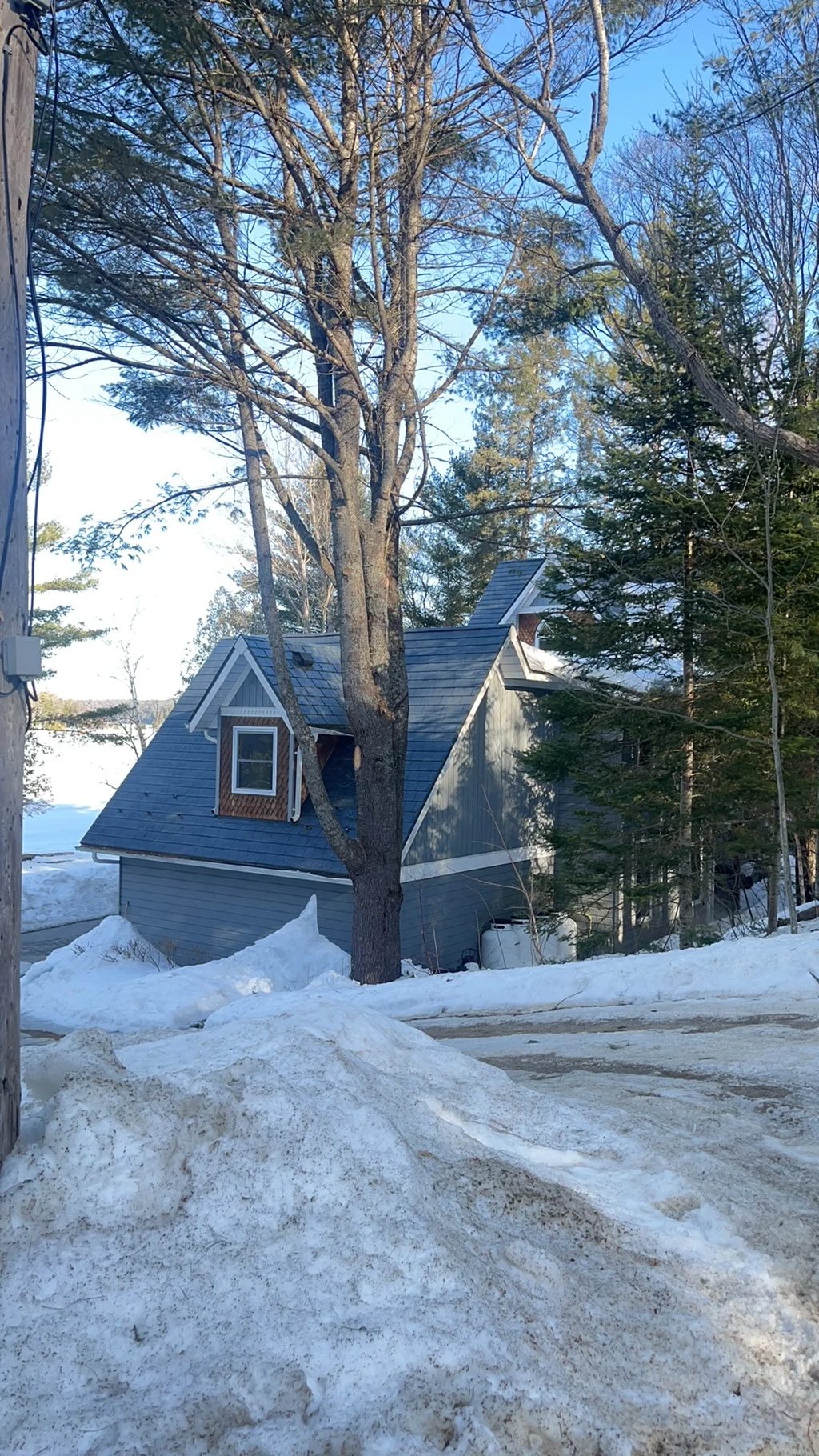 Deep Charcoal Interlock Slate aluminum roof on a grey home with dormers among tall evergreens, Algonquin Highlands, Ontario