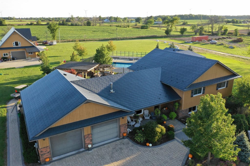 Interlock Aluminum Slate Metal Roofing – Deep Charcoal | Fenwick, ON (Aerial front)