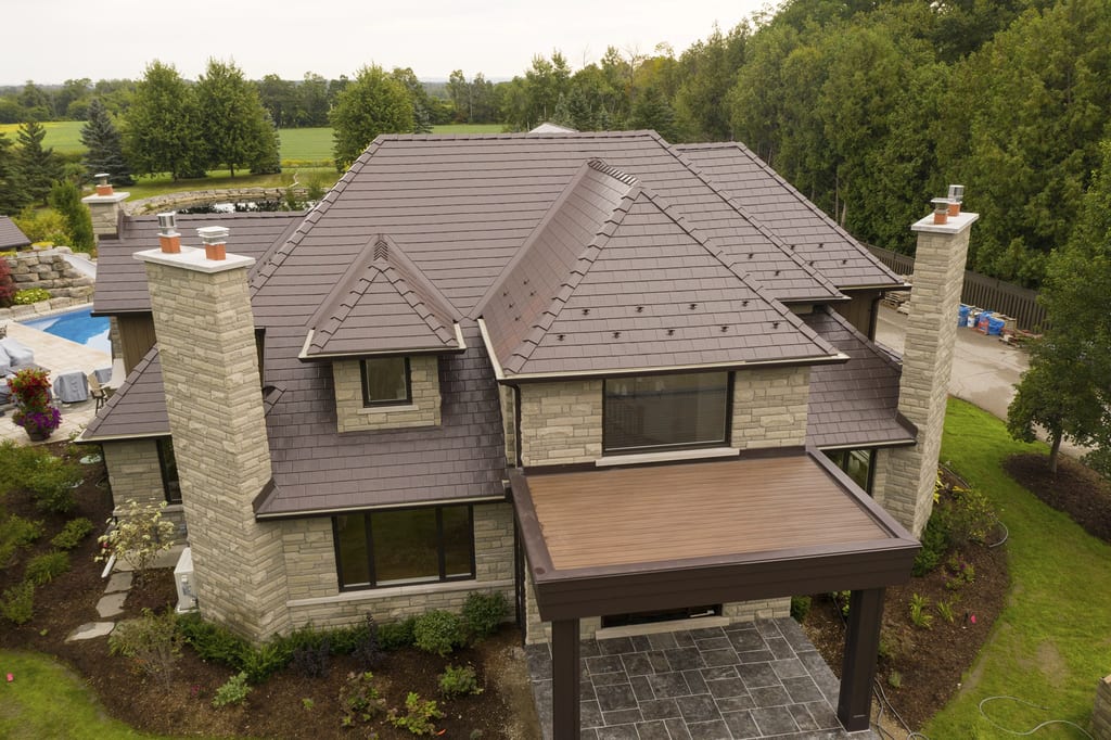 Interlock Aluminum Slate Metal Roofing – Tudor Brown | Bradford, ON (Aerial rear)