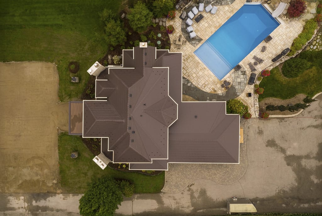 Interlock Aluminum Slate Metal Roofing – Tudor Brown | Bradford, ON (Drone top down)