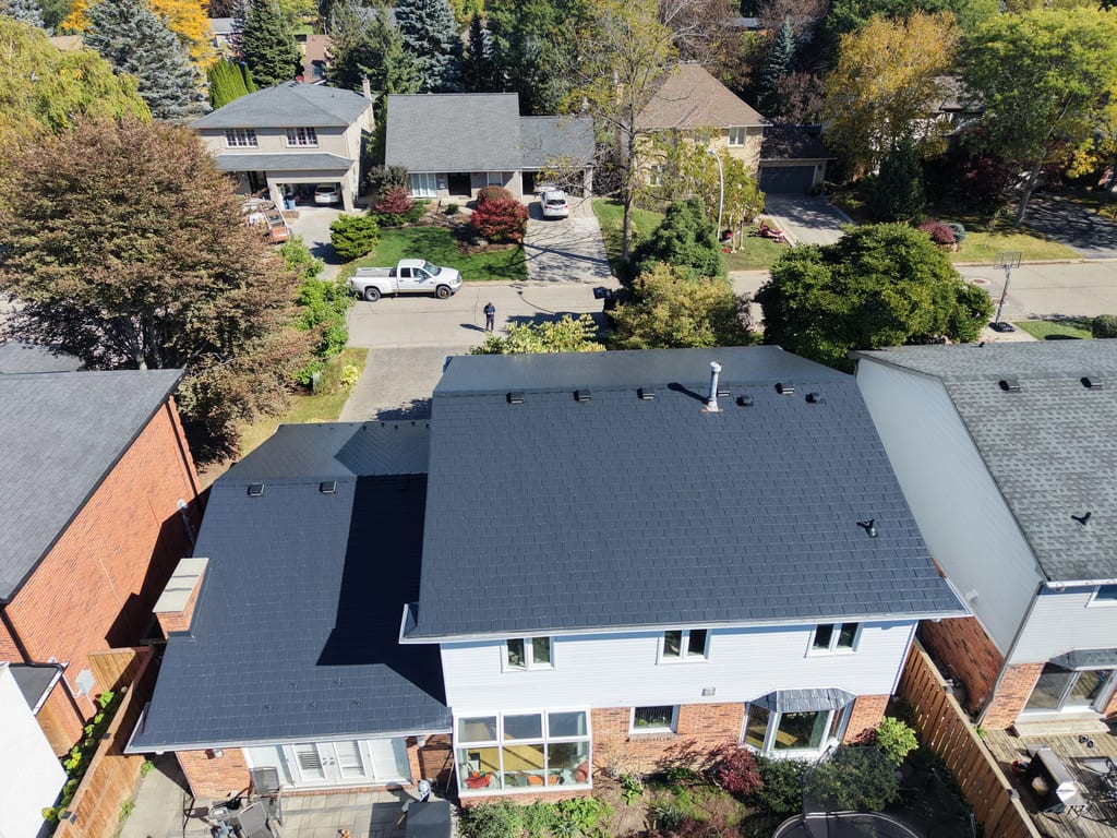 Interlock Aluminum Slate Metal Roofing – Black | Ancaster, ON (Aerial)