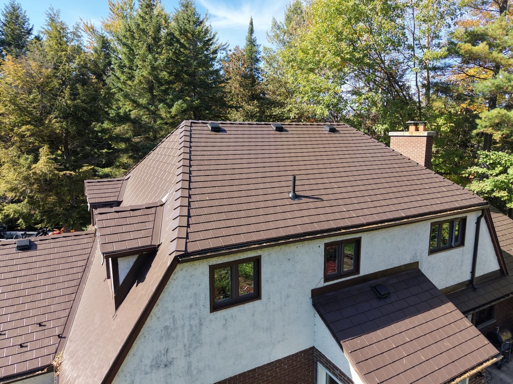 Interlock Aluminum Slate Metal Roofing – Colonial Brown | Fraserville, ON (Aerial)