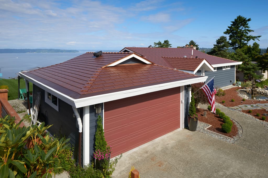 Aged Copper Interlock Cedar Shingle aluminum roof on a modern home with an aged copper metal roof in Burien, Burien, Washington