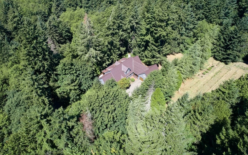 Colonial Brown Interlock Shake aluminum roof on a colonial brown metal roof on a two-storey home among tall, Gig Harbor, Washington