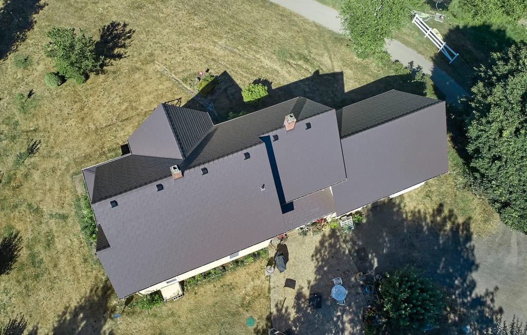 Interlock Aluminum Cedar Shingle Metal Roofing – Tudor Brown | Longview, WA (Drone top down)