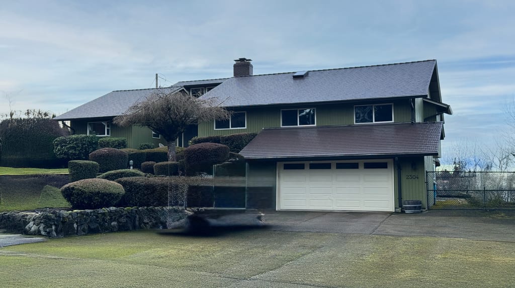 Two-story green ranch-style home in Vancouver WA with Interlock Colonial Brown cedar shingle metal roofing, chimney, and manicured topiary shrubs.