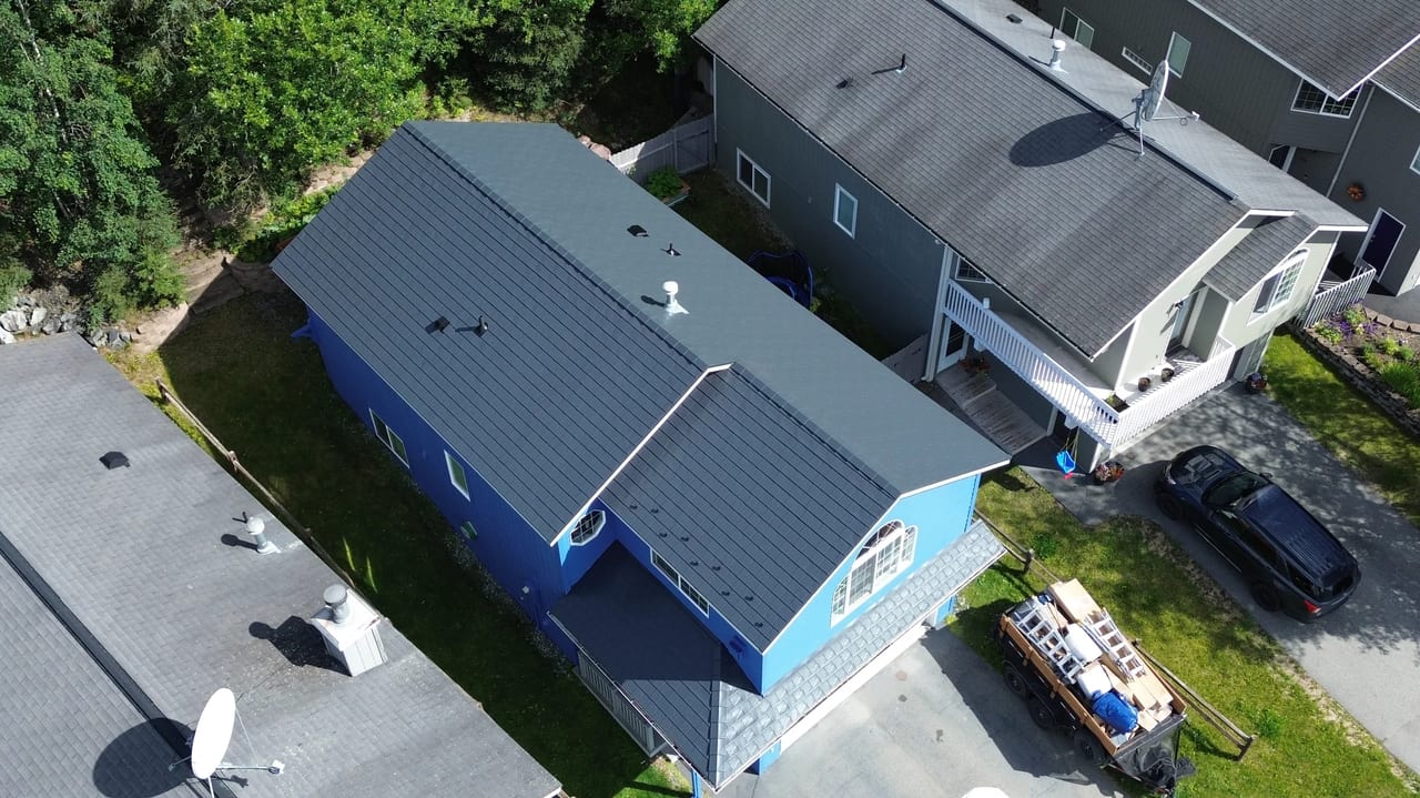 Interlock Aluminum Slate Metal Roofing – Deep Charcoal | Eagle River, AK (Aerial)