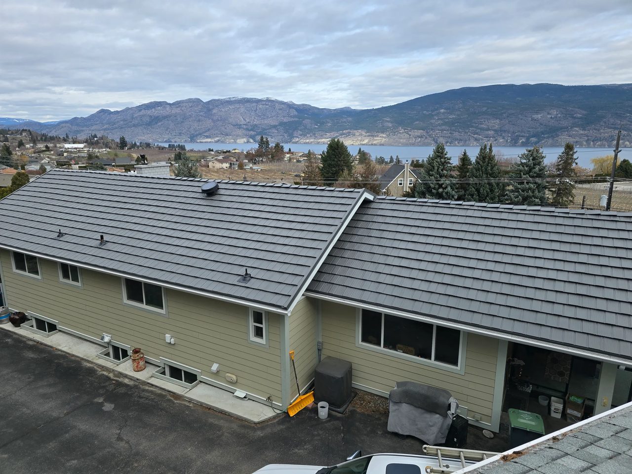 Musket Grey Interlock Shake aluminum roof on the home, Summerland, British Columbia