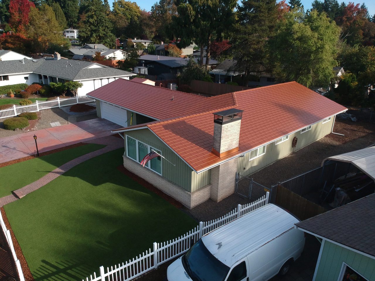 Interlock Aluminum Cedar Shingle Metal Roofing – Copper Penny | Milwaukie, OR (Aerial front)