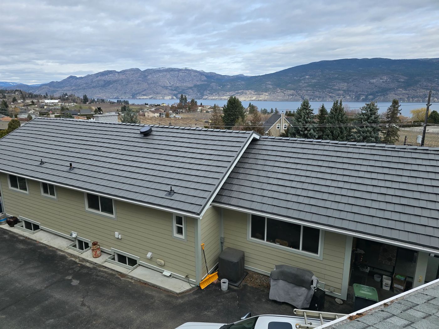 Musket Grey Interlock Shake aluminum roof on the home, Summerland, British Columbia