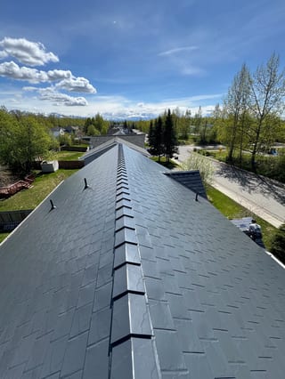 A modern single-family home with a grey metal roof, set in an urban-suburban setting with lush greenery and a blue sky.
