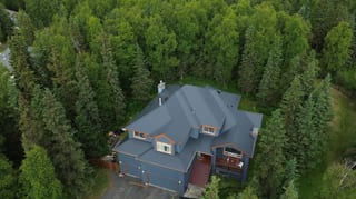 A modern home with a blue metal roof and brown trim in a forested rural setting.