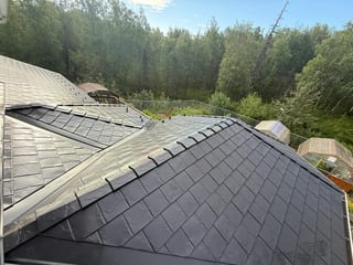 Interlock Aluminum Slate Metal Roofing – Black | Palmer, AK (Full roof overview)