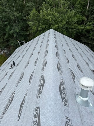 A large metal roof with a forest in the background