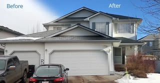Deep Charcoal Interlock Slate aluminum roof on a white two-storey colonial home with a garage in a, Fort Saskatchewan, Alberta