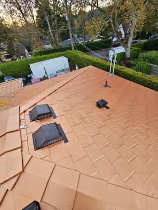 Copper Penny Interlock Slate aluminum roof on a brown one-storey home with a metal roof among tall trees, Victoria, British Columbia