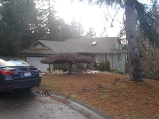 Before: a leaking asphalt shingle roof on the home, Duncan, British Columbia, ahead of a Black Interlock Slate aluminum roof