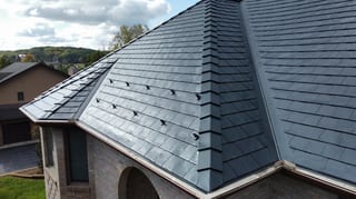 Black Interlock Slate aluminum roof on a brown one-storey home with a metal roof among green trees, Lemont, Illinois
