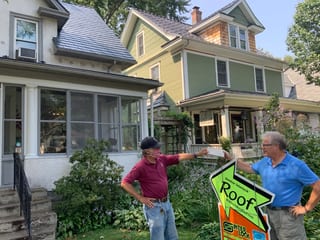 Deep Charcoal Interlock Slate aluminum roof on a two-storey home with dormers and a screened porch in a, Minneapolis, Minnesota
