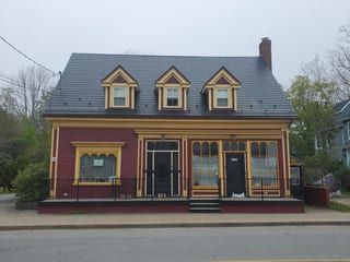 Black Interlock Slate aluminum roof on the home, Mahone Bay, Nova Scotia