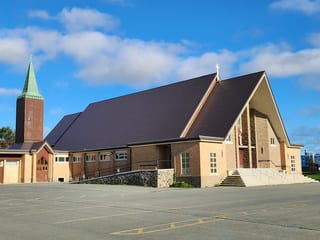 Tudor Brown Interlock Slate aluminum roof on a Tudor brown metal roof on a church in Dartmouth, Nova, Dartmouth, Nova Scotia