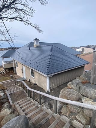 Deep Charcoal Interlock Slate aluminum roof on the home, Lunenburg, Nova Scotia