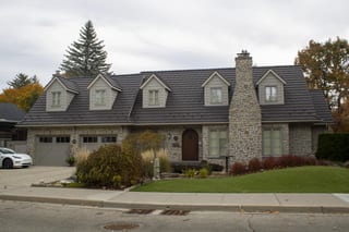 Tudor Brown Interlock Shake aluminum roof on a Tudor home with brown Interlock Shake metal roof in, Waterloo, Ontario