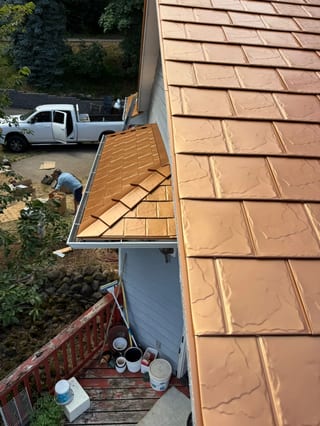 Copper Penny Interlock Slate aluminum roof on a home with a copper penny metal roof in a rural setting, Corvallis, Oregon