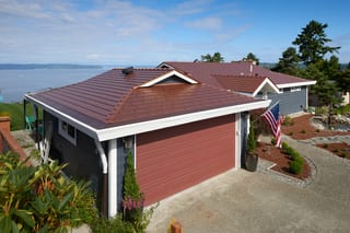 Aged Copper Interlock Cedar Shingle aluminum roof on a modern home with an aged copper metal roof in Burien, Burien, Washington