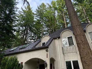 Colonial Brown Interlock Shake aluminum roof on a tan single-storey home with a metal roof among tall, Bellingham, Washington