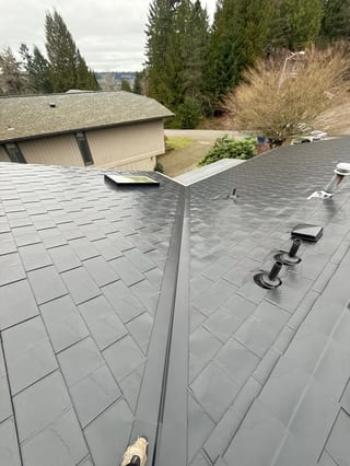 Black Interlock Slate aluminum roof on a two-storey home with a metal roof among tall trees in a, Redmond, Washington