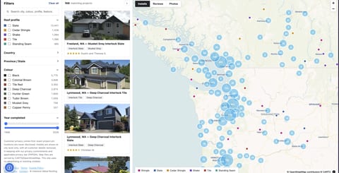 Completed Interlock metal roof installations mapped across the U.S. and Canada