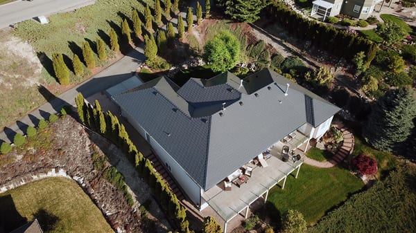 Interlock Aluminum Slate Metal Roofing – Deep Charcoal | West Kelowna, BC (Aerial rear)