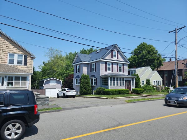 Interlock Aluminum Slate Metal Roofing – Deep Charcoal | Saugus, MA (Front-left elevation)