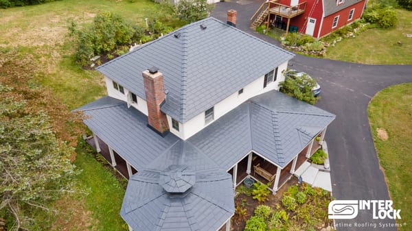 Interlock Aluminum Slate Metal Roofing – Deep Charcoal | Westford, MA (Aerial)