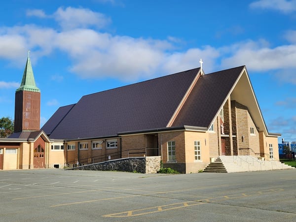 Tudor Brown Interlock Slate aluminum roof on a Tudor brown metal roof on a church in Dartmouth, Nova, Dartmouth, Nova Scotia