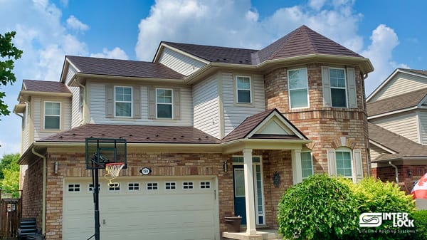 Interlock Aluminum Slate Metal Roofing – Colonial Brown | Cambridge, ON (Front-left elevation)