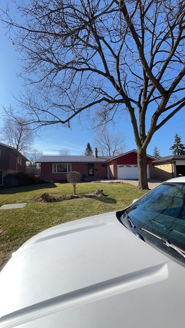 Ranch-style brick home in Toronto with Interlock Musket Grey aluminum slate metal roof, low-pitched profile, attached garage, and mature bare tree in foreground.