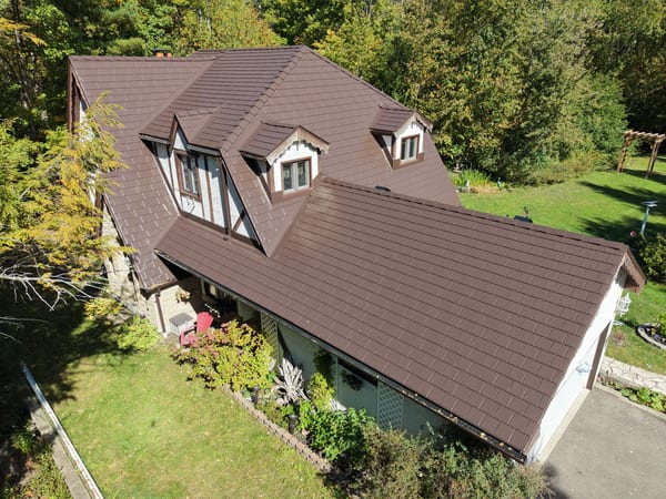 Interlock Aluminum Slate Metal Roofing – Colonial Brown | Fraserville, ON (Aerial)