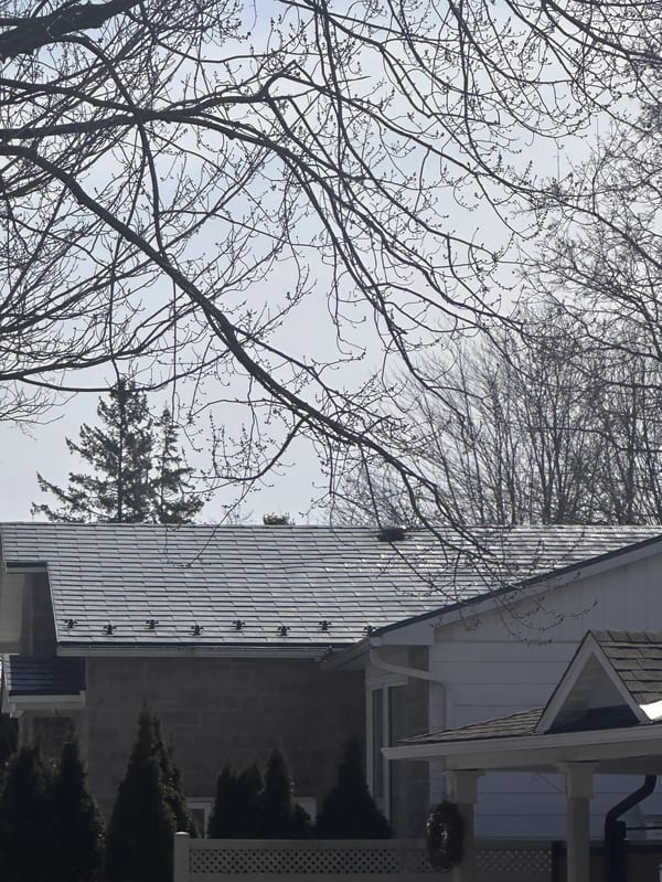 Charcoal Grey Interlock Shingle aluminum roof on a white single-family home with a gable roof in a suburban, Gloucester, Ontario